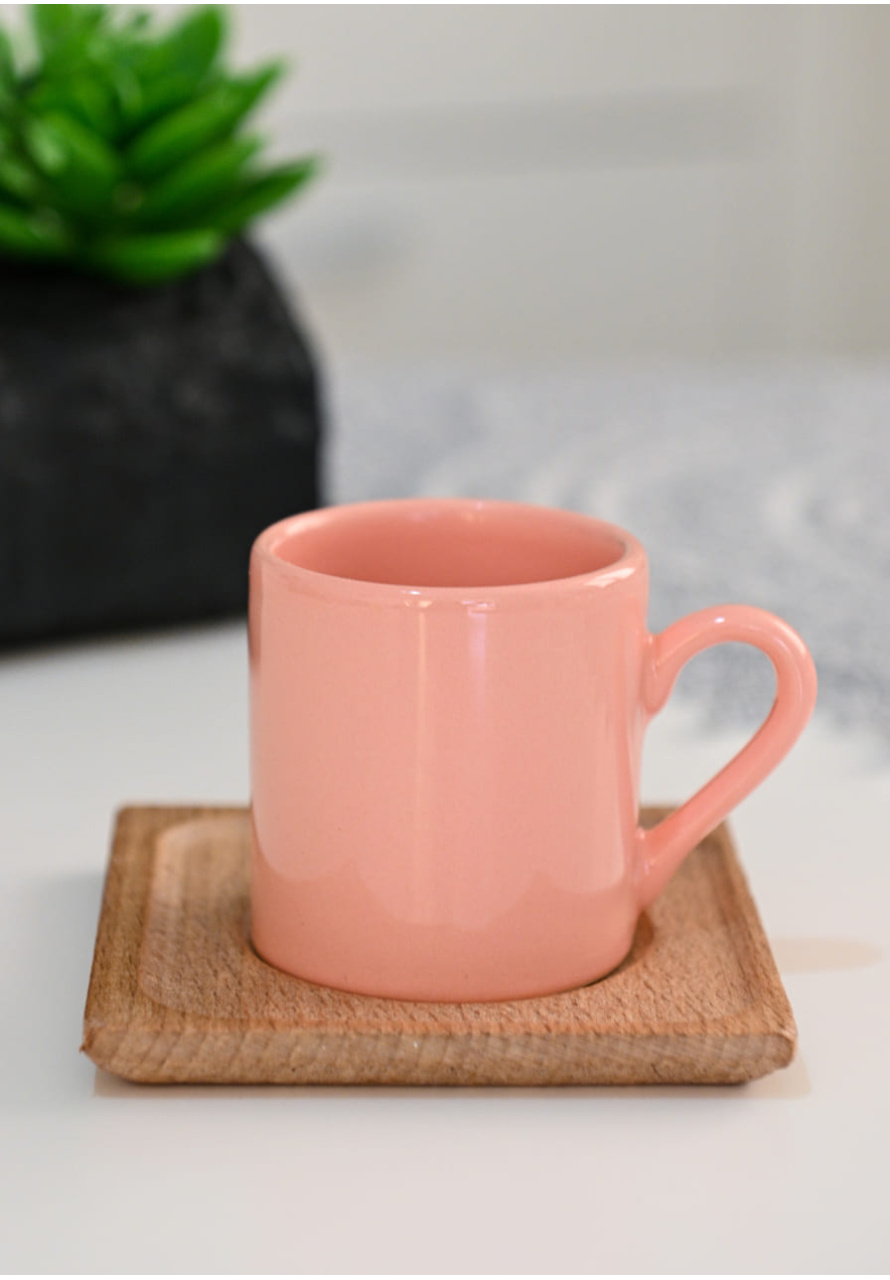 PASTEL PEMBE AHŞAP TABAK TÜRK KAHVE FİNCANI