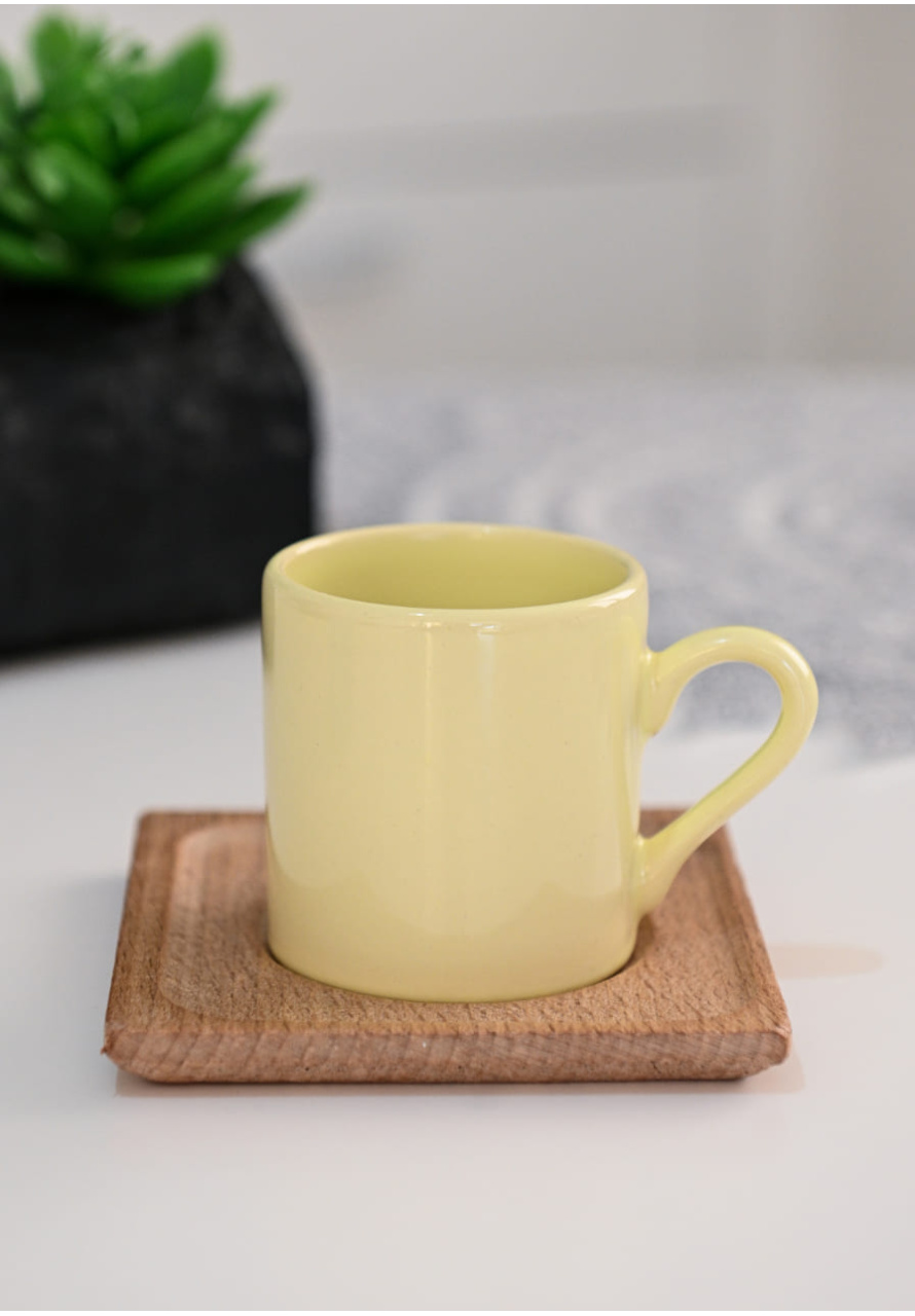 PASTEL SARI AHŞAP TABAK TÜRK KAHVE FİNCANI